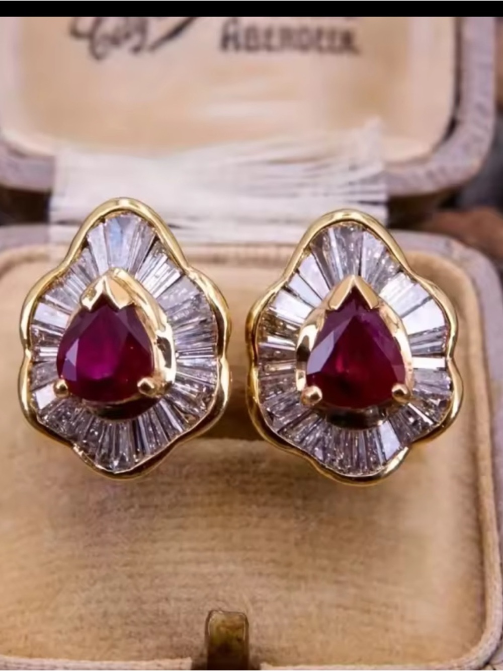 Gold-Plated Ruby Red Teardrop Cluster Earrings large 1”